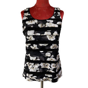 White House Black Market Size M Tank Top Sleeveless Blouse Black Floral Ruffles